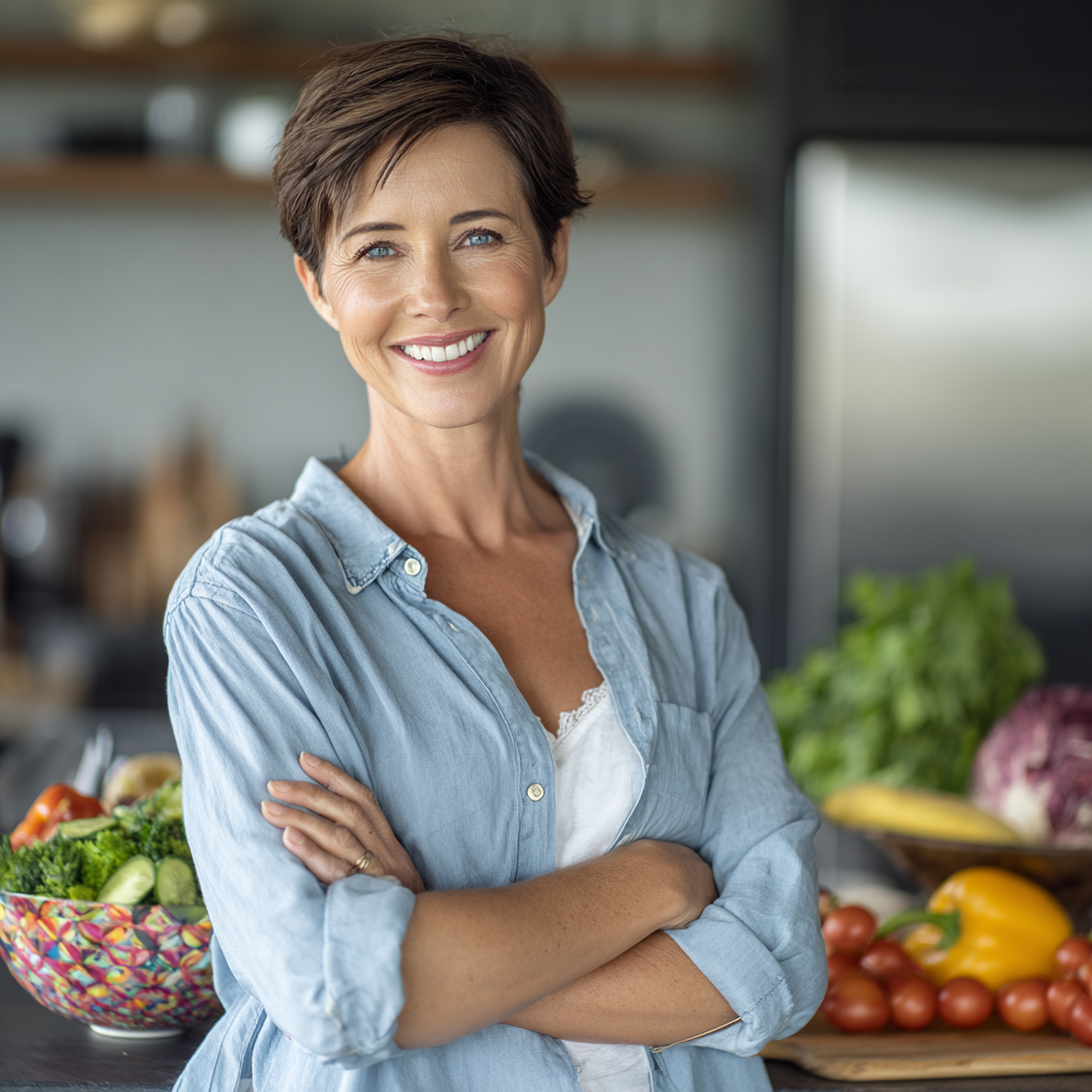 A confident woman in her mid-40s with short brown hair, wearing a light blue shirt, standing in a modern kitchen with fresh vegetables and fruits on the counter, smiling warmly while holding a colorful salad bowl