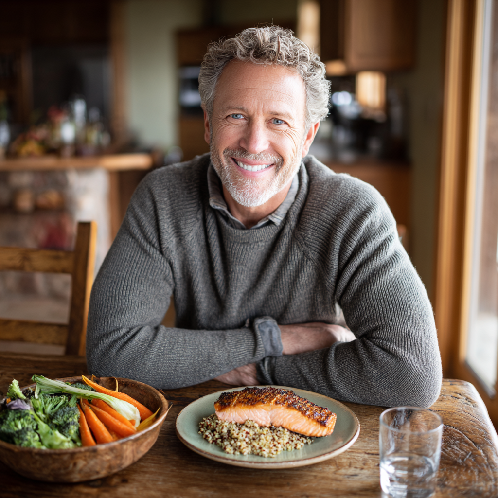 A healthy 50-year-old man with graying temples wearing a casual sweater, sitting at a wooden dining table with a balanced meal of grilled salmon, quinoa, and fresh vegetables, smiling contentedly in natural lighting